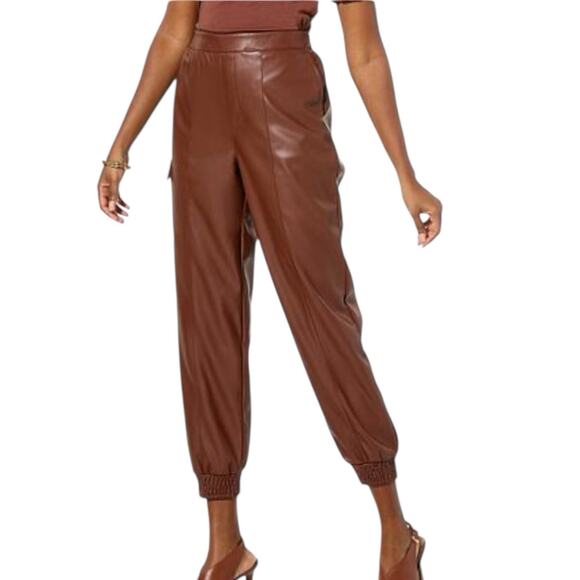 G By Giuliana Pull On Chocolate Brown Faux Leather Cargo Jogger Pants Medium - Picture 1 of 9